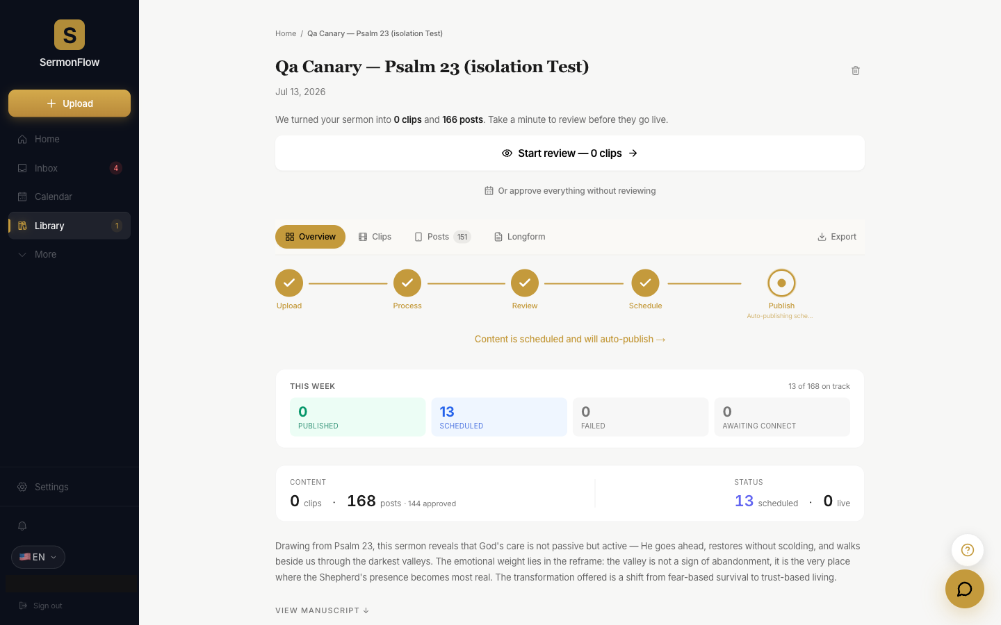 SermonFlow example showing a test sermon’s weekly content overview